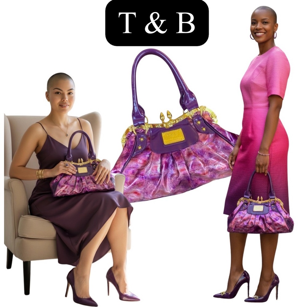 PURSE: Purple & Fuchsia Patent Leather Handbag w/Gold Plated Trim/Clasp, EUC